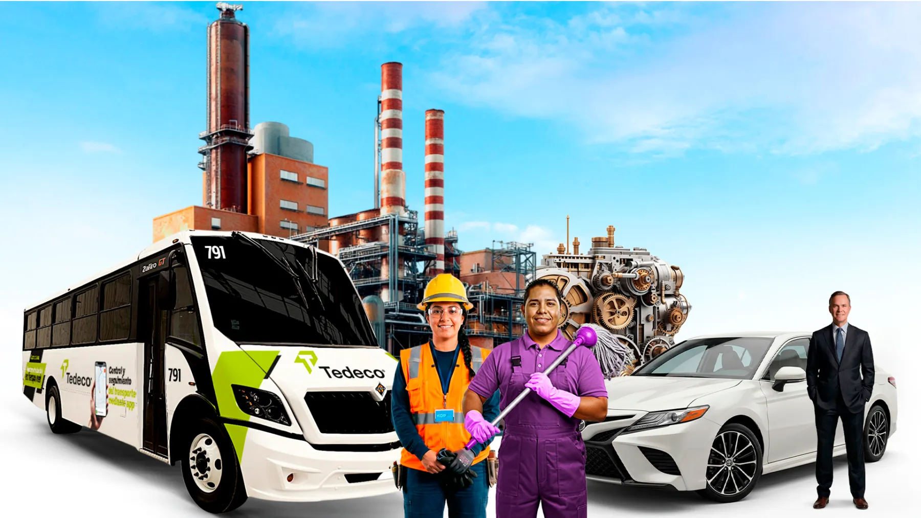 Transporte Tedeco, limpieza Clean Way, servicios KOP y transporte ejecutivo Driven frente a una planta industrial